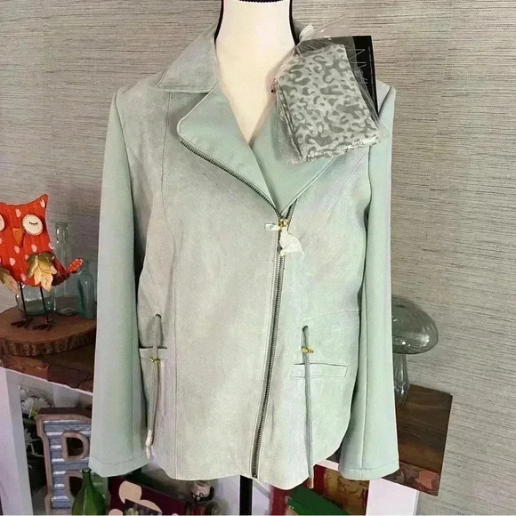 IMAN Genuine Leather Suede Soho Jacket Small Light Green Mint Woman’s Moto NWT - Picture 10 of 10